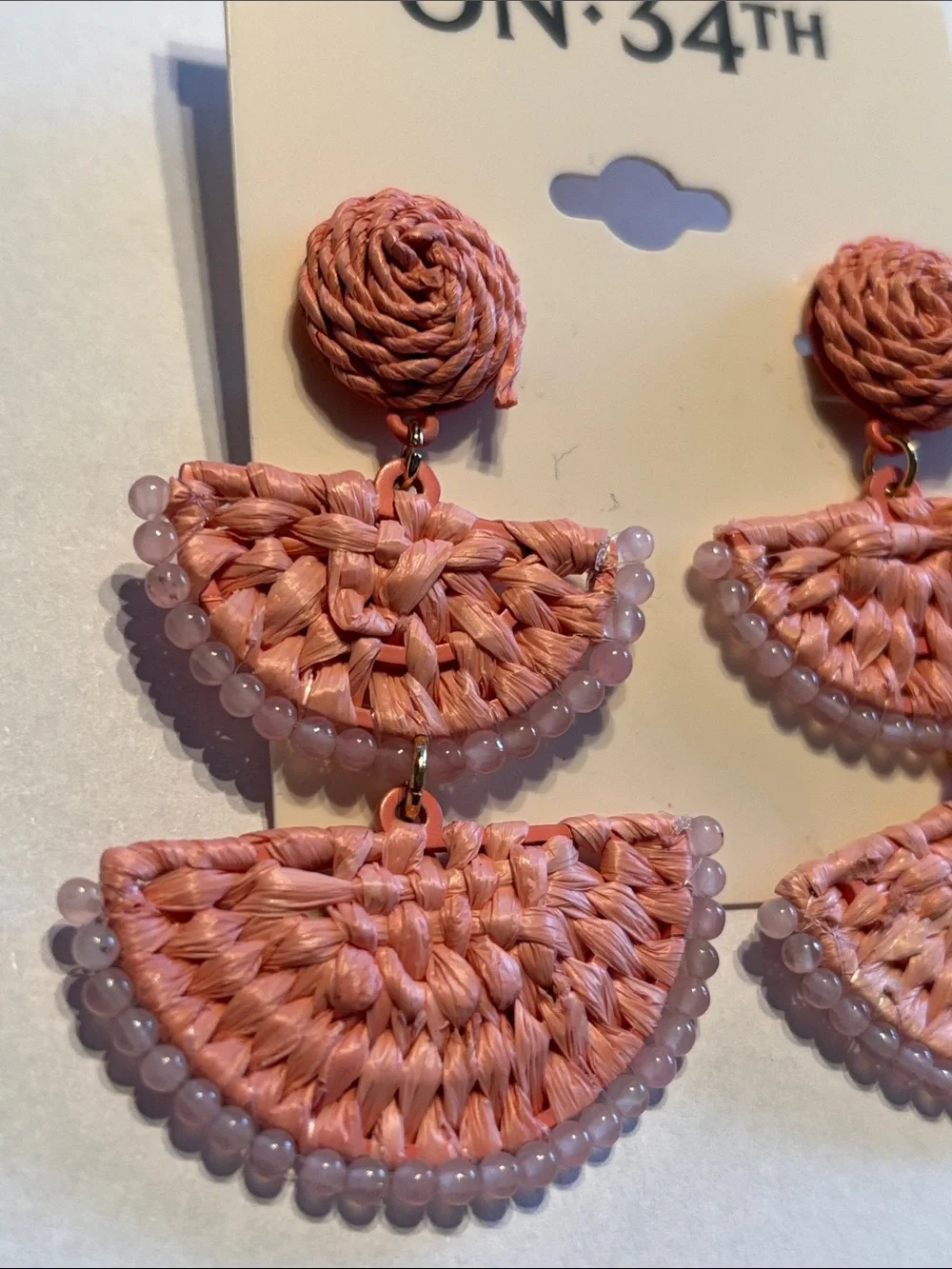 On 34th Gold-Tone Stone Bead & Woven Raffia Drop Earrings in Pink